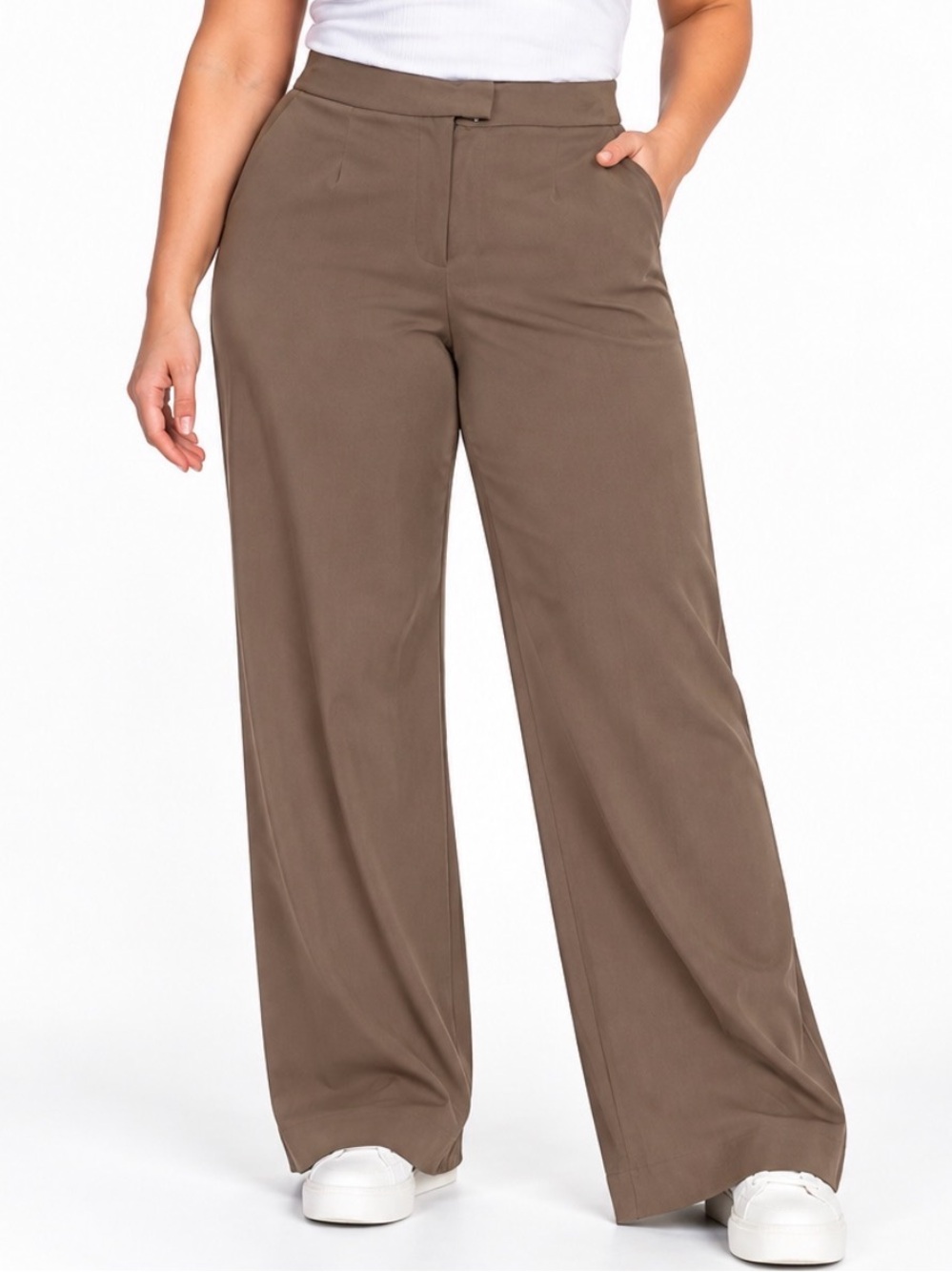 H&M Taupe Brown High Rise Wide Leg Trouser Pants chino's elastic waist SZ 14